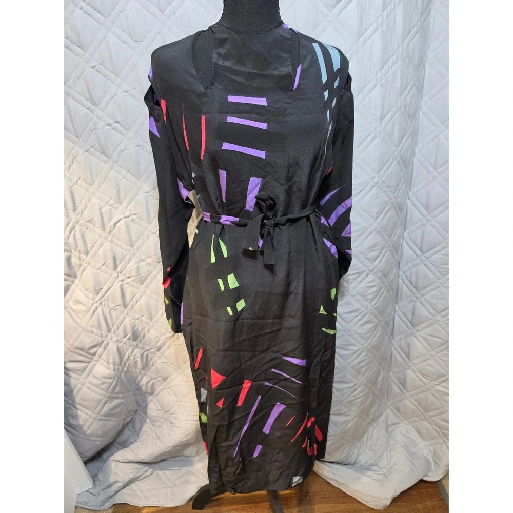 Babacho for Nicole 4 Pc Silk Dress Set Pants Scarf Belt Geometric Abstract Black